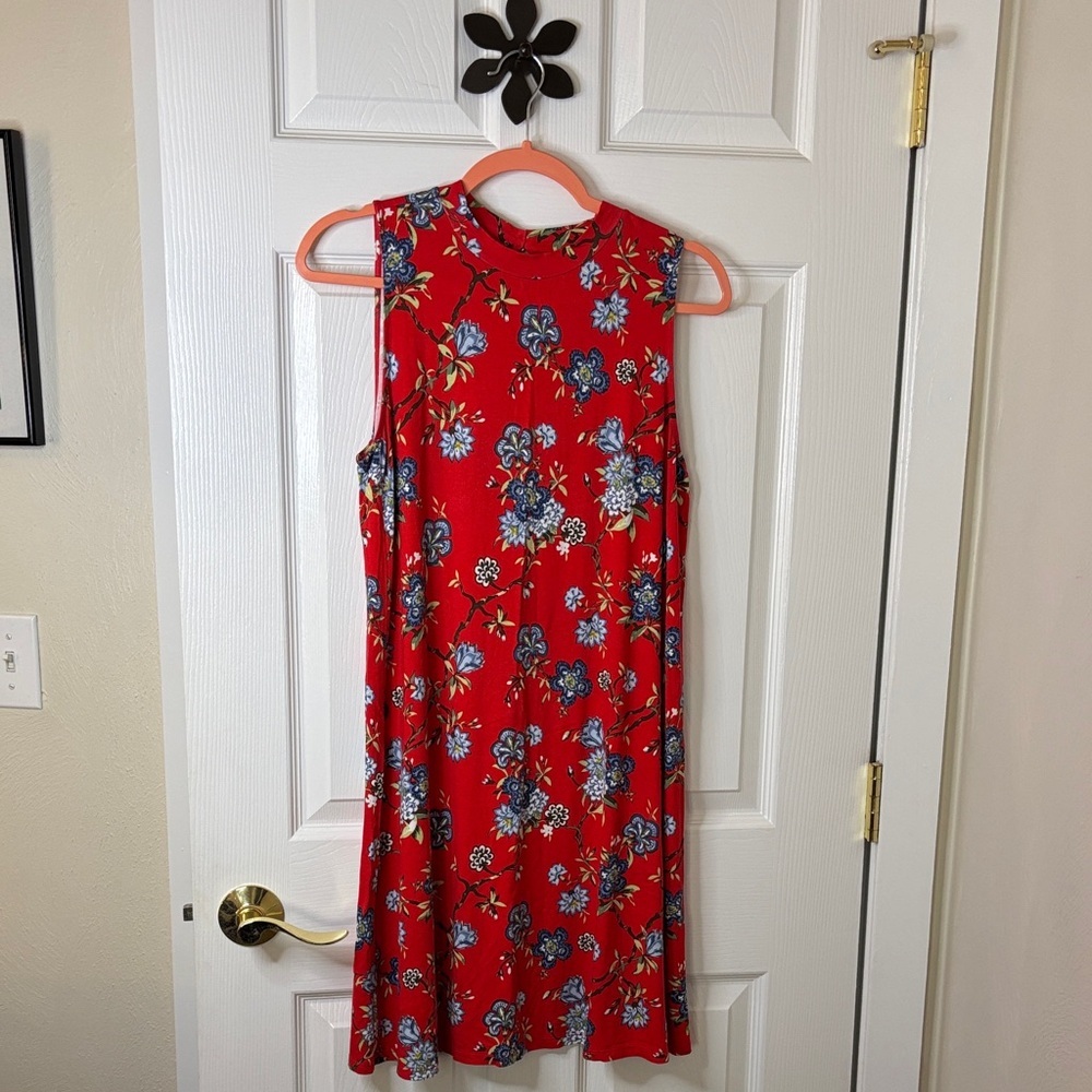 Loft Floral Sleeveless Red Dress 95% Rayon 5% Spandex Size Sm